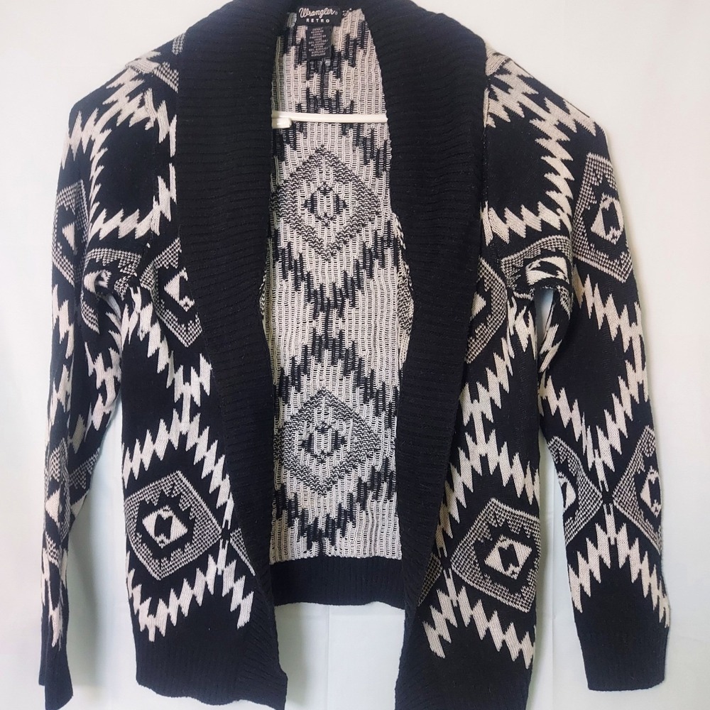 Wrangler Retro‎ Aztec Southwestern Black White Geometric Open Front Cardigan M